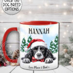personalised dog in santa hat christmas mug gift lots of dog breeds