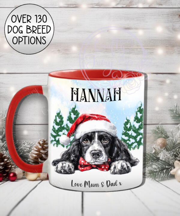 personalised dog in santa hat christmas mug gift lots of dog breeds