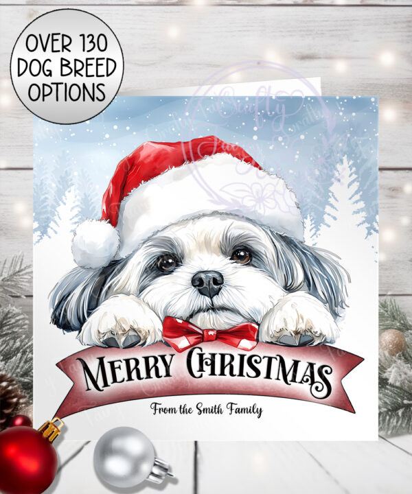 personalised cute dog in santa hat merry christmas card lots of dog breeds