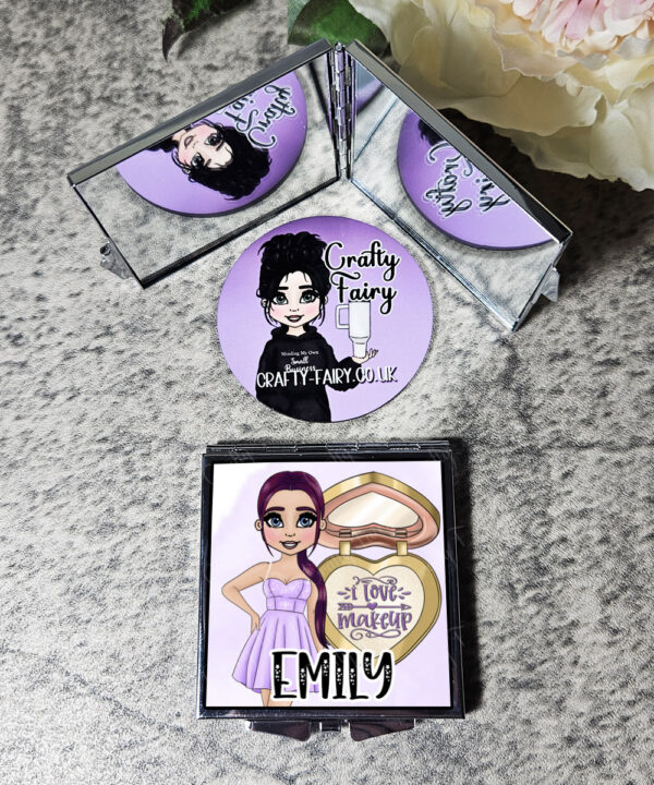 personalised love makeup lady & lilac cosmetics slim silver square compact mirror gift