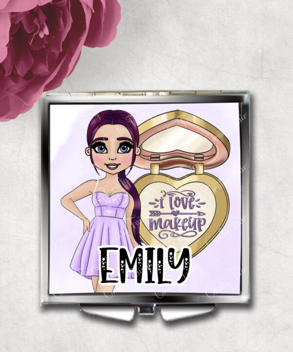 personalised love makeup lady & lilac cosmetics slim silver square compact mirror gift