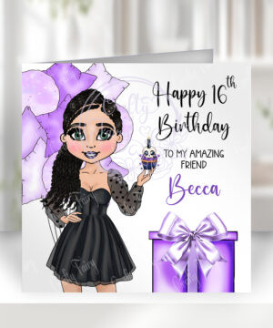 personalised goth lady in black mini dress birthday card v2