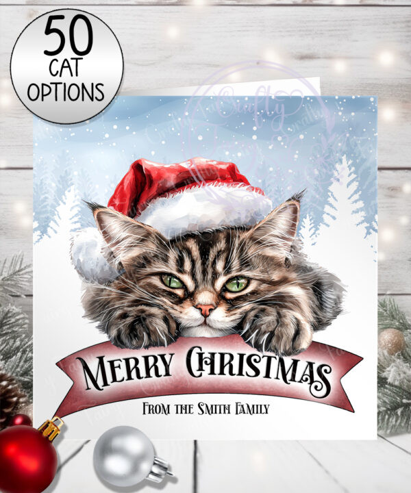 personalised cat in santa hat on banner christmas card lots of cat breeds