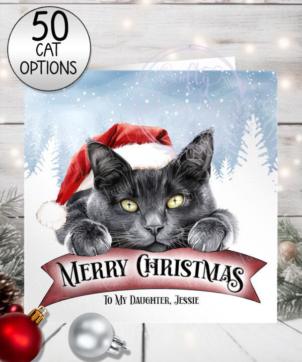 personalised cat in santa hat on banner christmas card lots of cat breeds