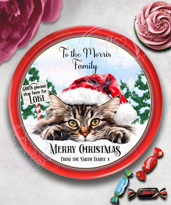 Personalised Cat in Santa Hat Christmas Chocolate Tub LABEL ONLY