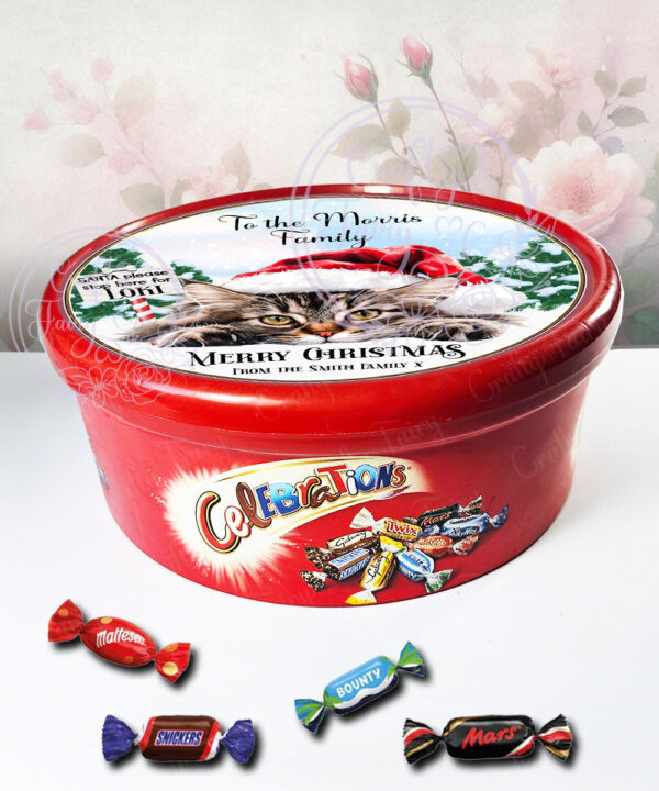 Personalised Cat in Santa Hat Christmas Chocolate Tub LABEL ONLY