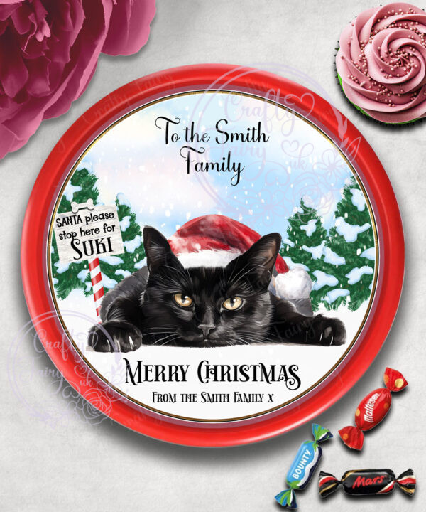 Personalised Cat in Santa Hat Christmas Chocolate Tub LABEL ONLY