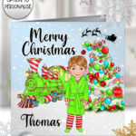 personalised green polar express train & young boy christmas card