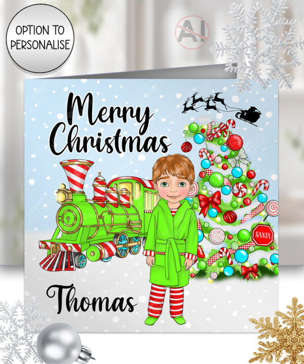 personalised green polar express train & young boy christmas card