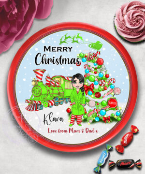 personalised green polar express train & young girl christmas chocolate tub label only