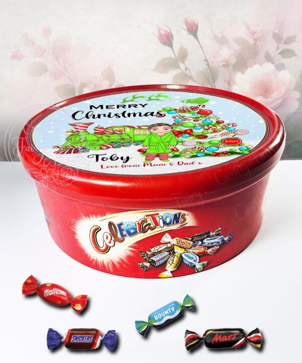 personalised green polar express train & young boy christmas chocolate tub label only