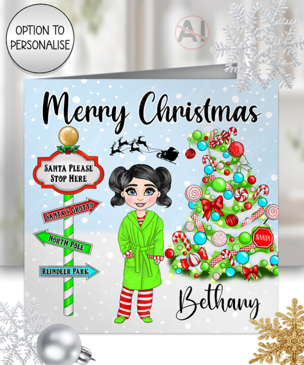 personalised lime green tree & signpost young girl christmas card