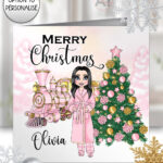 personalised pink polar express train & lady christmas card