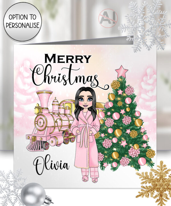 personalised pink polar express train & lady christmas card