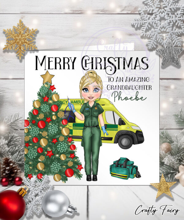 Personalised Female Paramedic & Ambulance Merry Christmas Card