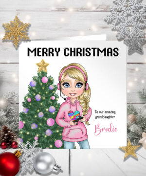 personalised gamer girl gaming christmas card for granddaughter