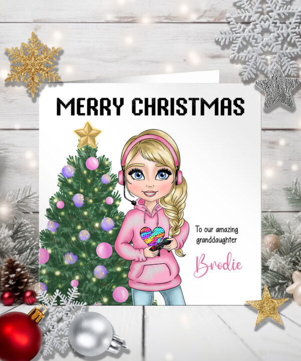 personalised gamer girl gaming christmas card for granddaughter
