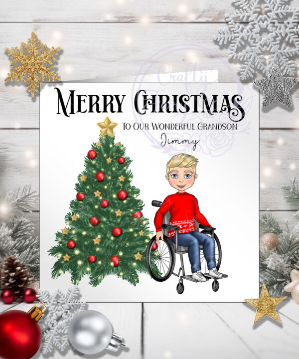 Personalised Boy in Wheelchair Christmas Card for Grandson Son Nephew