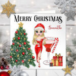 Personalised Candy Cane Cocktail Lady in Red Christmas Card