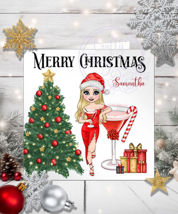 Personalised Candy Cane Cocktail Lady in Red Christmas Card