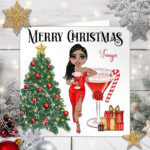 Personalised Candy Cane Cocktail Lady in Red Christmas Card