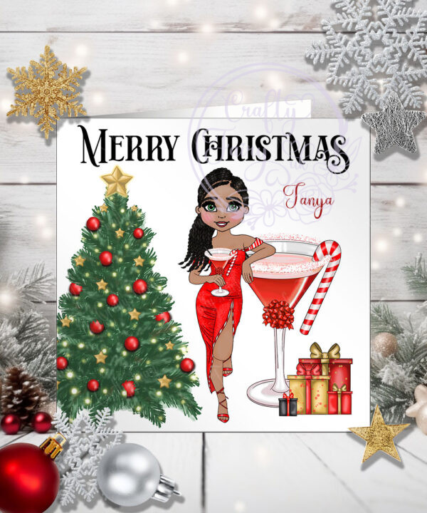 Personalised Candy Cane Cocktail Lady in Red Christmas Card