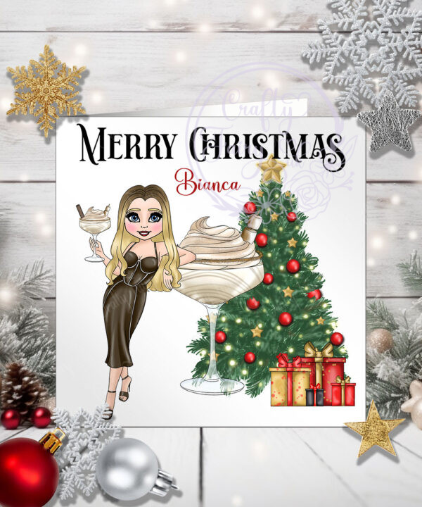 personalised baileys cocktail lady christmas card