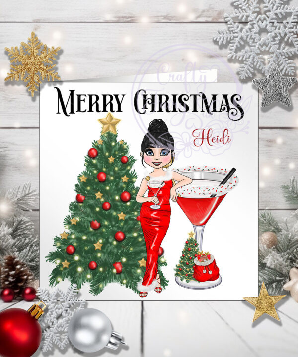 Personalised Mrs Clausmopolitan Cocktail Lady in Red Christmas Card