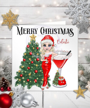 Personalised Mrs Clausmopolitan Cocktail Lady in Red Christmas Card