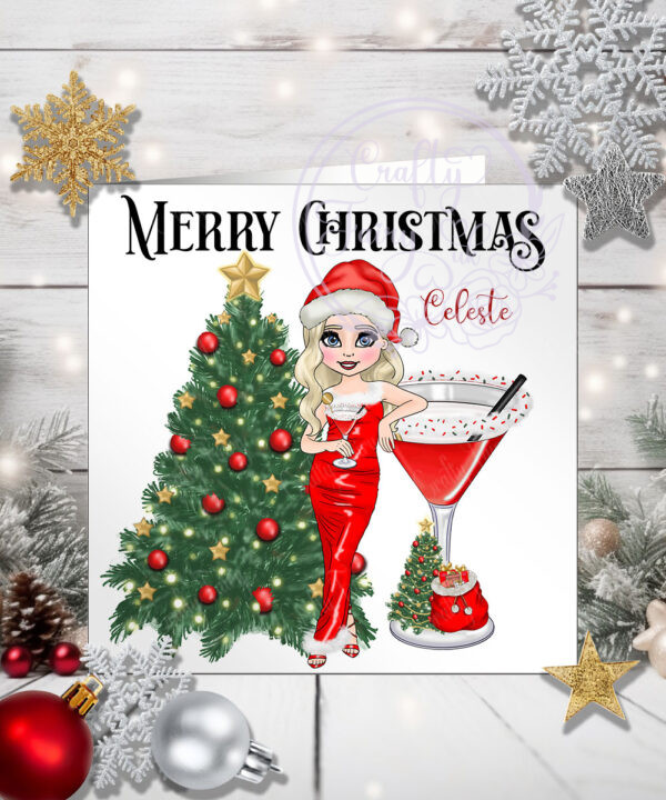 Personalised Mrs Clausmopolitan Cocktail Lady in Red Christmas Card