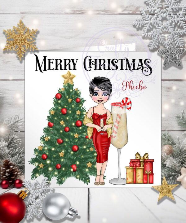 Personalised Peppermint White Champagne Cocktail Lady Christmas Card