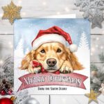 Personalised Golden Retriever Dog in Santa Hat on Banner Christmas Card