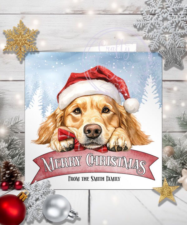 Personalised Golden Retriever Dog in Santa Hat on Banner Christmas Card