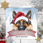Personalised German Shepherd Dog in Santa Hat on Banner Christmas Card