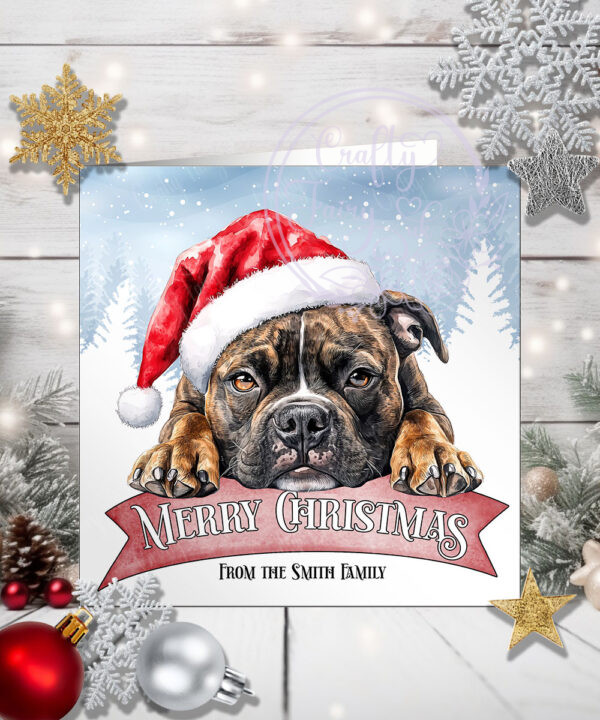Personalised Staffie Dog in Santa Hat on Banner Christmas Card