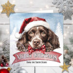 Personalised Springer Spaniel Dog in Santa Hat on Banner Christmas Card