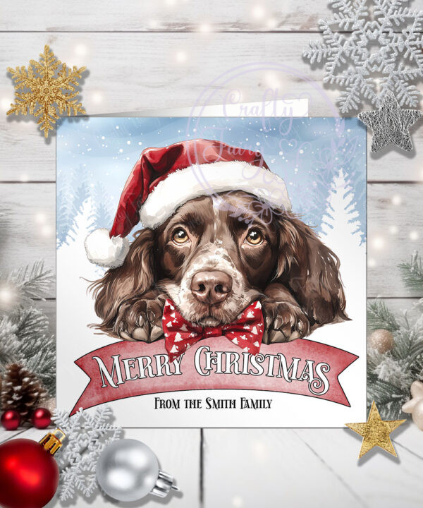 Personalised Springer Spaniel Dog in Santa Hat on Banner Christmas Card