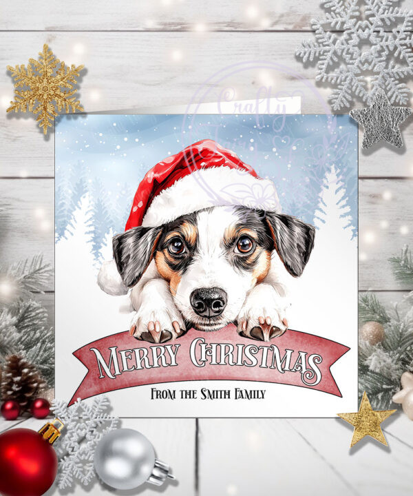 Personalised Jack Russell Dog in Santa Hat on Banner Christmas Card