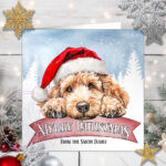 Personalised Labradoodle Dog in Santa Hat on Banner Christmas Card