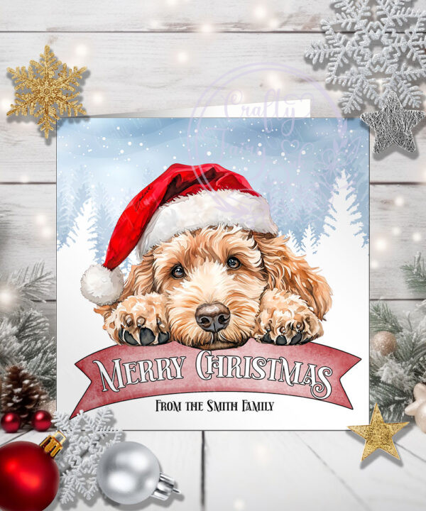 Personalised Labradoodle Dog in Santa Hat on Banner Christmas Card