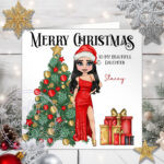 Personalised Lady in Red Dress & Tree Christmas Card