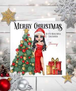 Personalised Lady in Red Dress & Tree Christmas Card