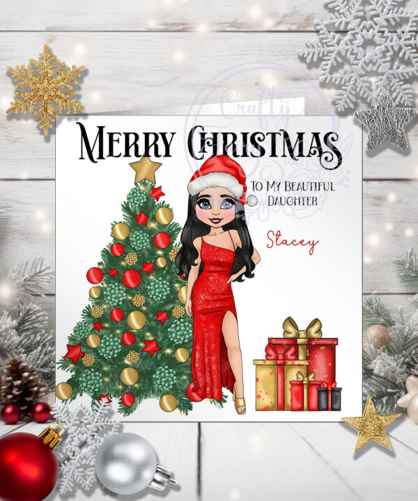 Personalised Lady in Red Dress & Tree Christmas Card