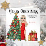 Personalised Lady in Red Dress & Tree Christmas Card