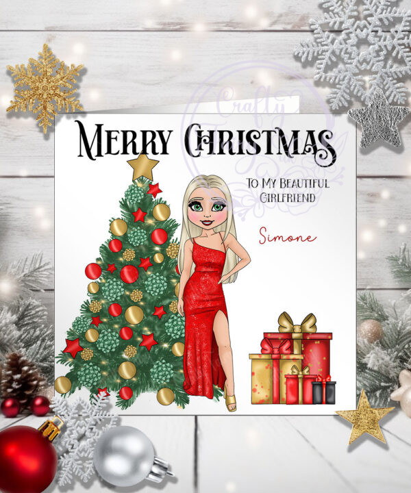 Personalised Lady in Red Dress & Tree Christmas Card