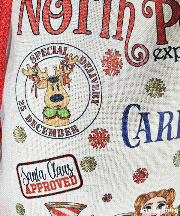 personalised girl in red jumper polar express christmas santa sack