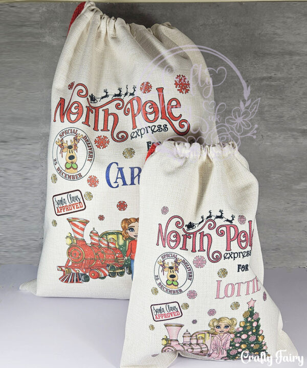 personalised girl in red jumper polar express christmas santa sack