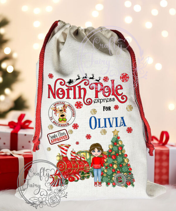 Personalised Girl in Red Jumper Polar Express Christmas Santa Sack