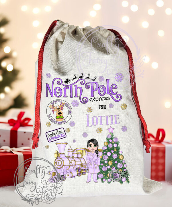 Personalised Girl in Lilac Purple Dressing Gown Polar Express Christmas Santa Sack
