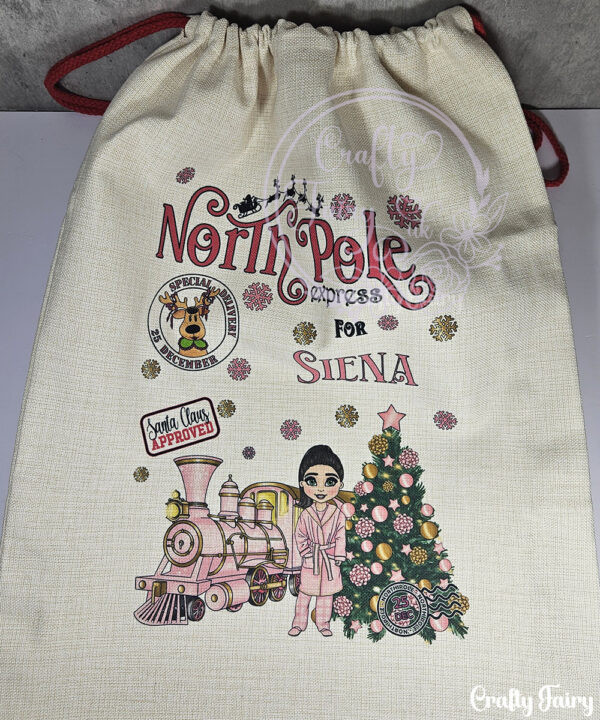 personalised girl in pink dressing gown polar express christmas santa sack